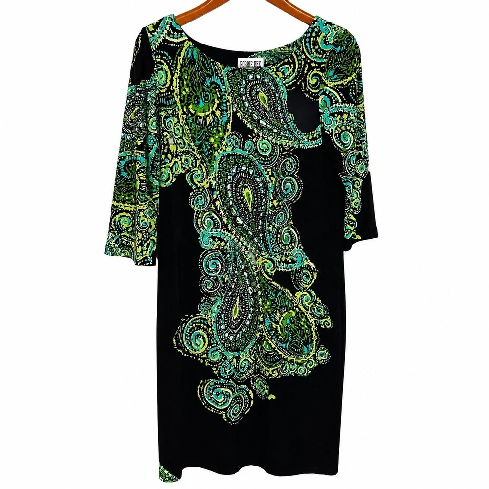 Robbie Bee Womens Black Green Paisley Print 3/4 Sleeve Shift Dress Size M